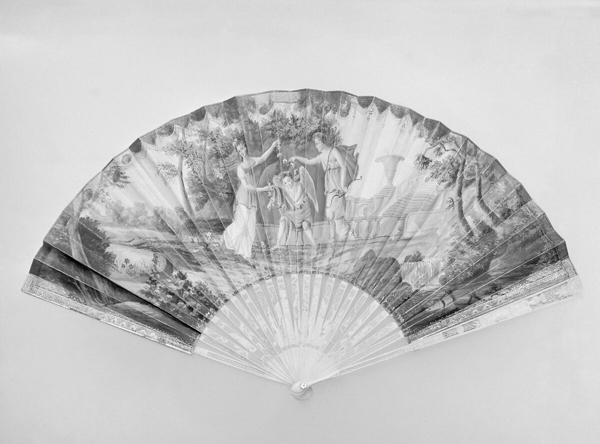 Fan, Ivory, parchment, glass, French 