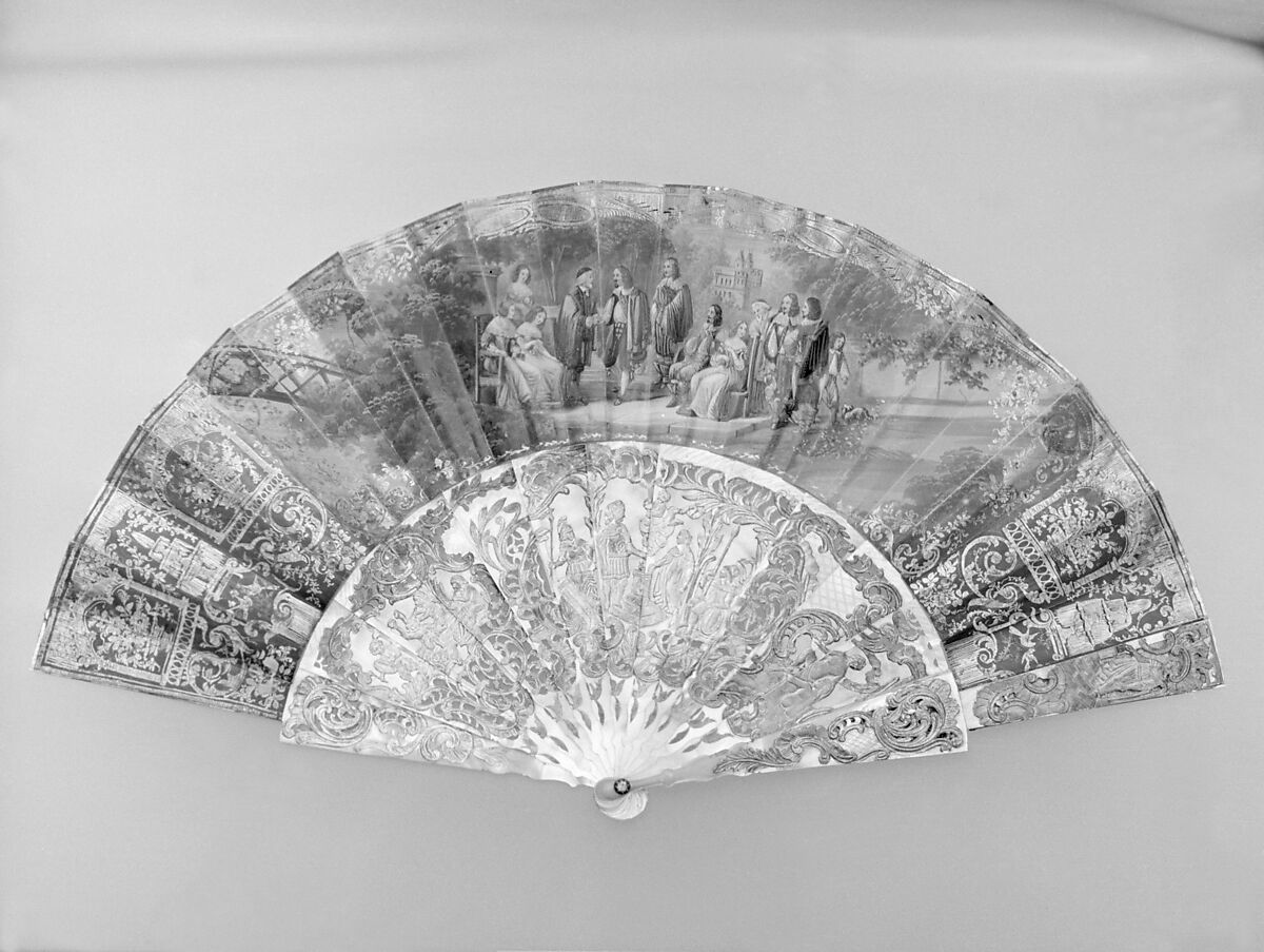 Fan, Gold, mother-of-pearl, parchment, glass, French 