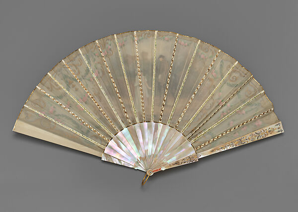 Fan, Silk, silver, silver-gilt, mother-of-pearl, British