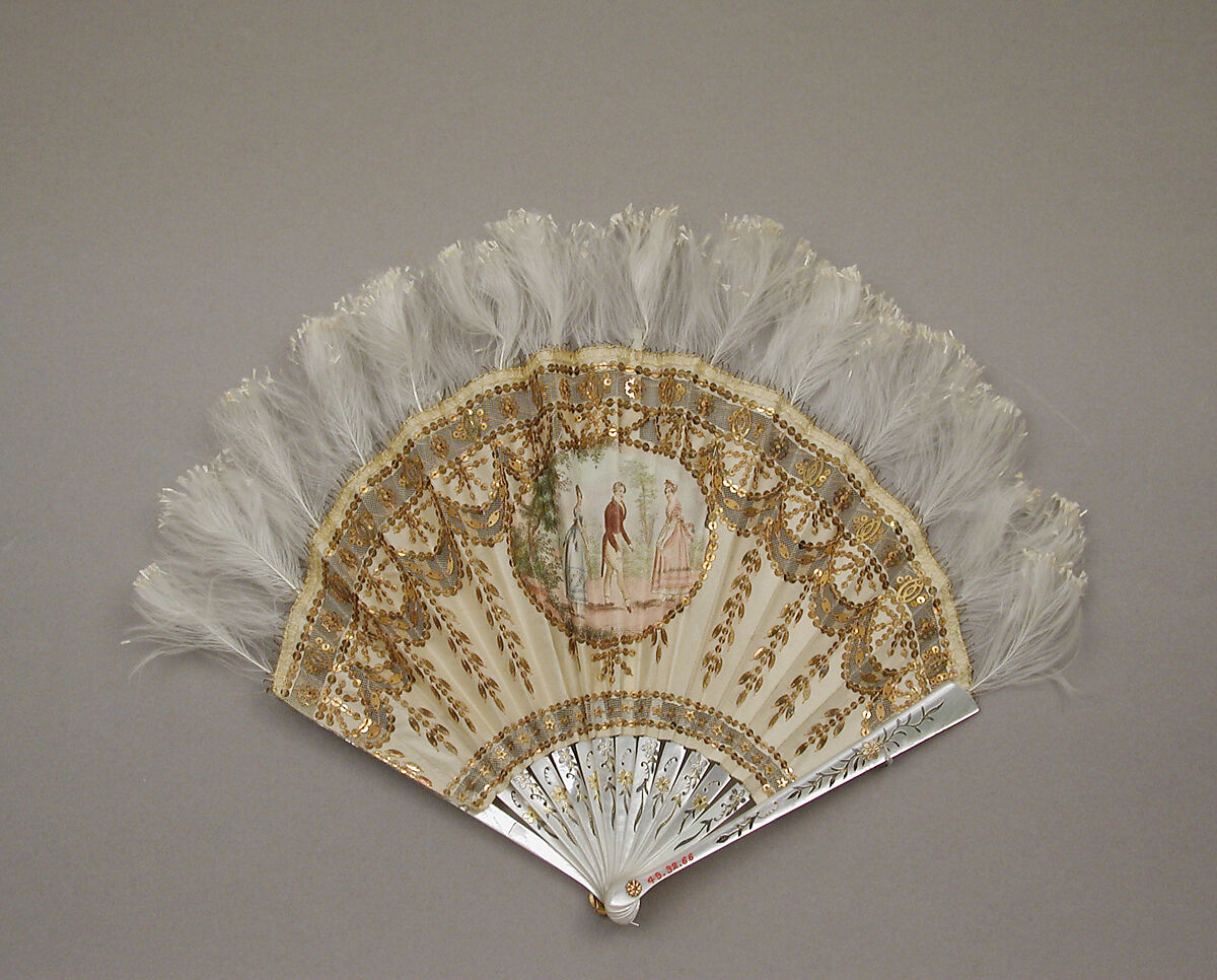Fan, Tiffany &amp; Co. (1837–present), Silk, mother-of-pearl, metal, feather, brass, French 