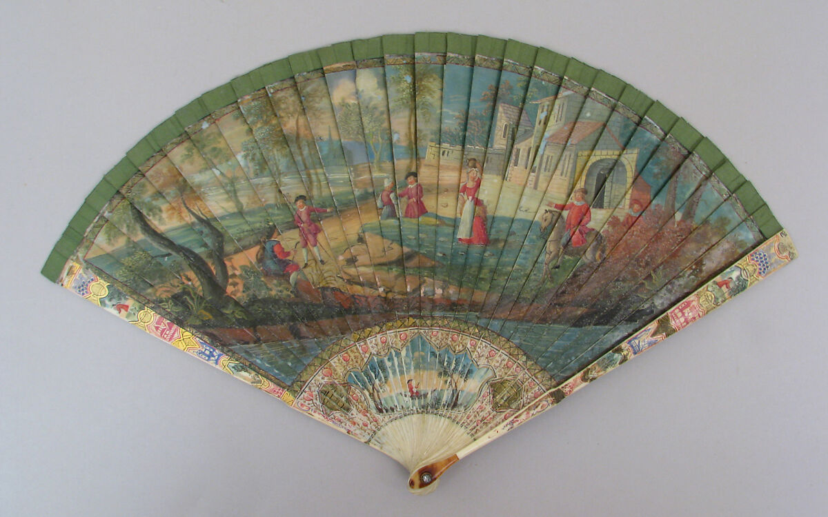 Fan, Ivory, silk, amber, rhinestone, French