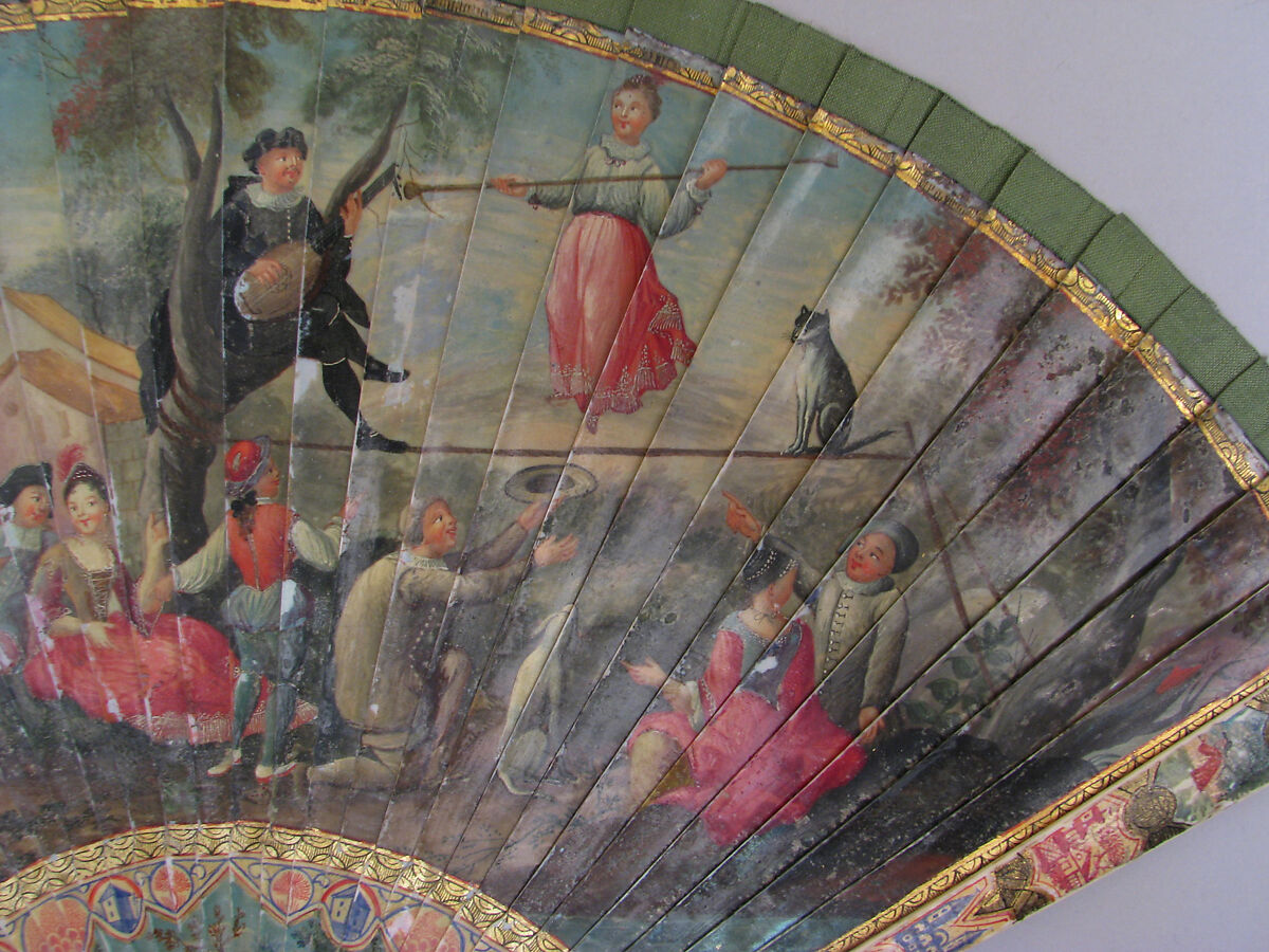 Fan, Ivory, silk, amber, rhinestone, French