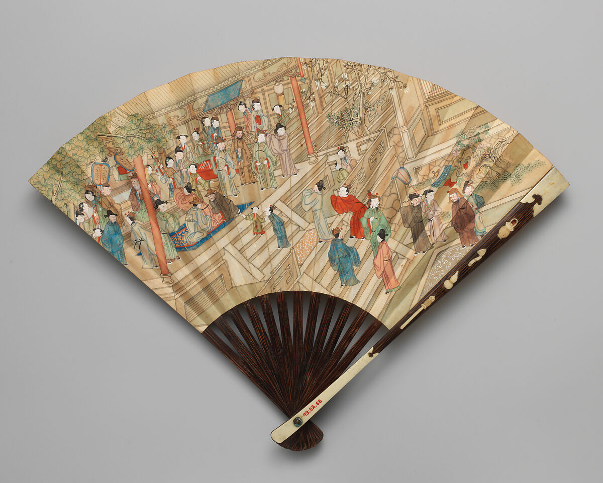 Folding Fan with Scene of an Audience with an Emperor and Empress, Wood, ivory, paper, and brass, Chinese, probably for the European Market 