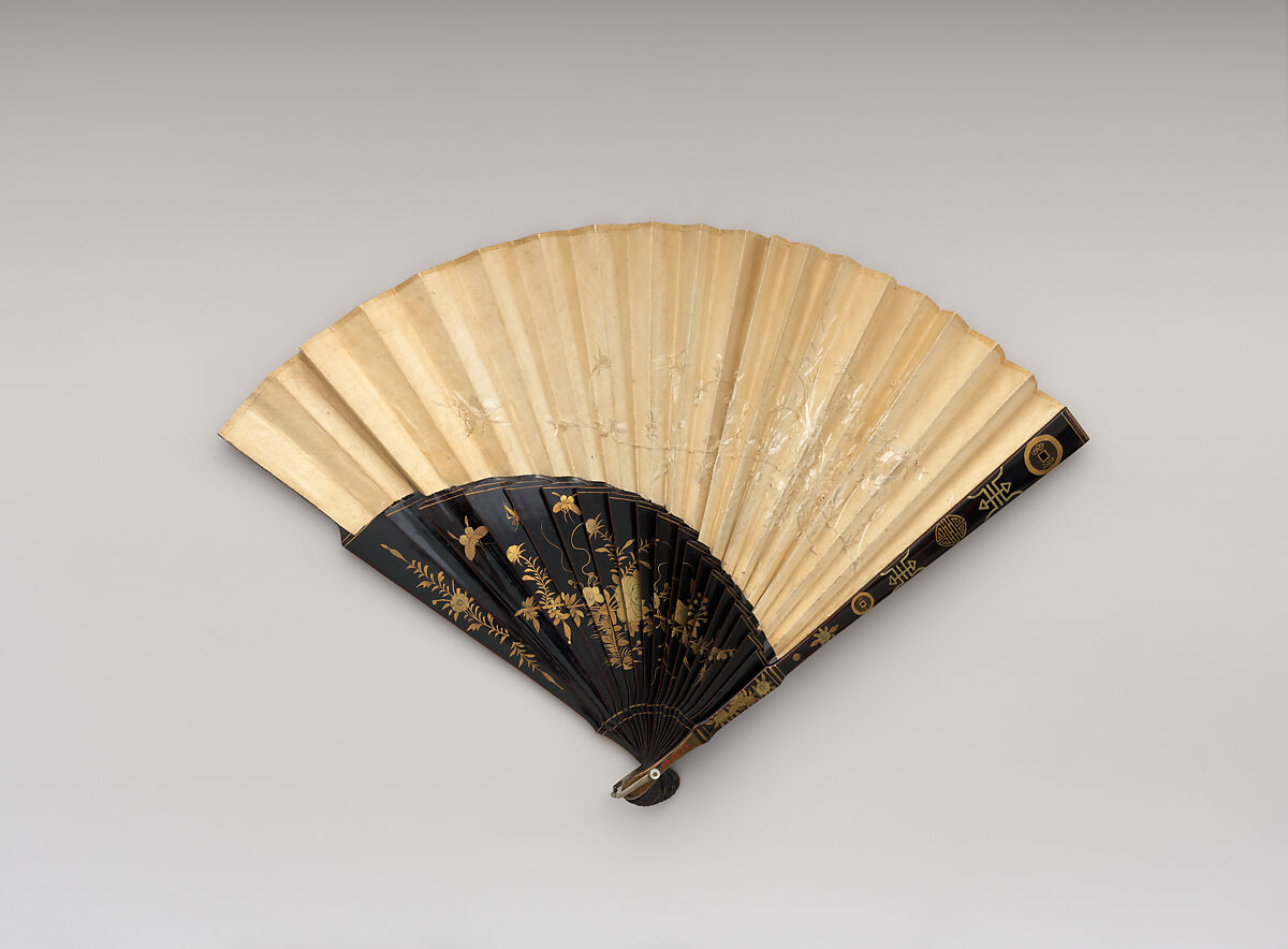 Fan, Painted silk on paper; silk embroidery;  wood, mother-of-pearl, Japanese