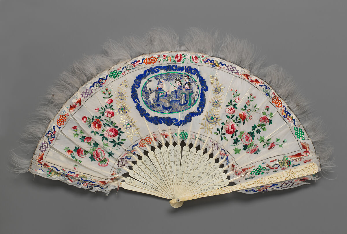 Folding Fan with Ladies in a Garden, flanked by Flowers, Ivory and feathers, Chinese, for the European Market 