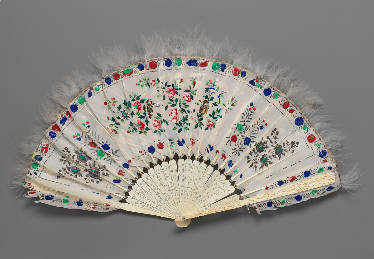 Folding Fan with Ladies in a Garden, flanked by Flowers, Ivory and feathers, Chinese, for the European Market