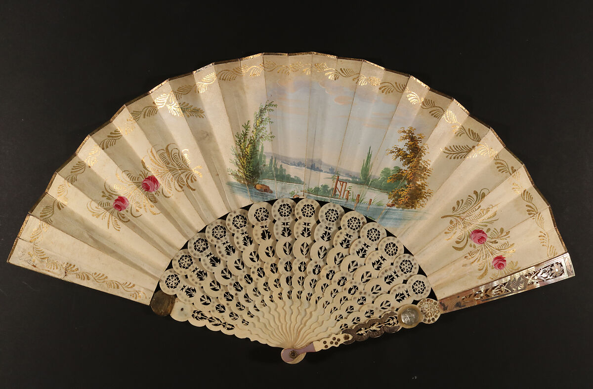 Fan with depiction of Spanish folk costumes, Hand-colored lithograph; hand-painted parchment; ivory, gold leaf, sequins, silver gilt, enamel, mother-of-pearl, silver luster paper, metal, Spanish