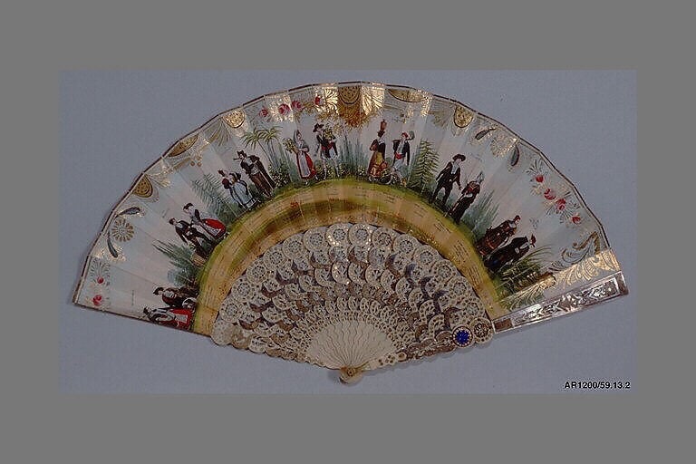 Fan, Ivory, paper, paint, gold leaf, parchment, sequins, silver gilt, enamel mother-of-pearl, silver luster paper, metal, Spanish 