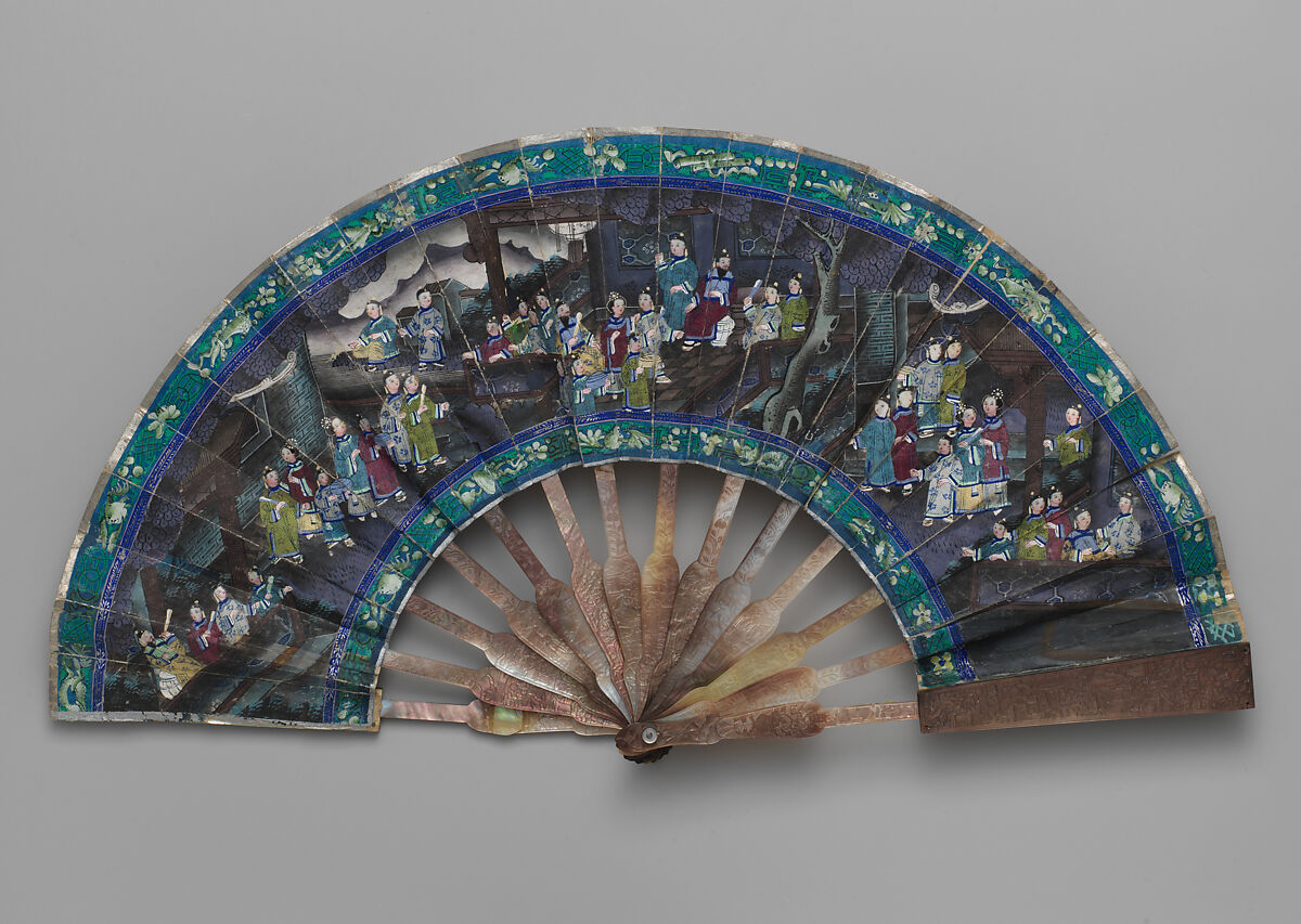 Folding Fan with Scene of Figures in a Courtyard Garden, Ivory, paper, silk, and mother-of-pearl, Chinese, for the European Market 