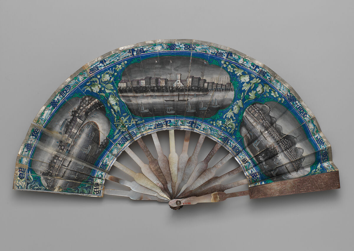 Folding Fan with Scene of Figures in a Courtyard Garden, Ivory, paper, silk, and mother-of-pearl, Chinese, for the European Market