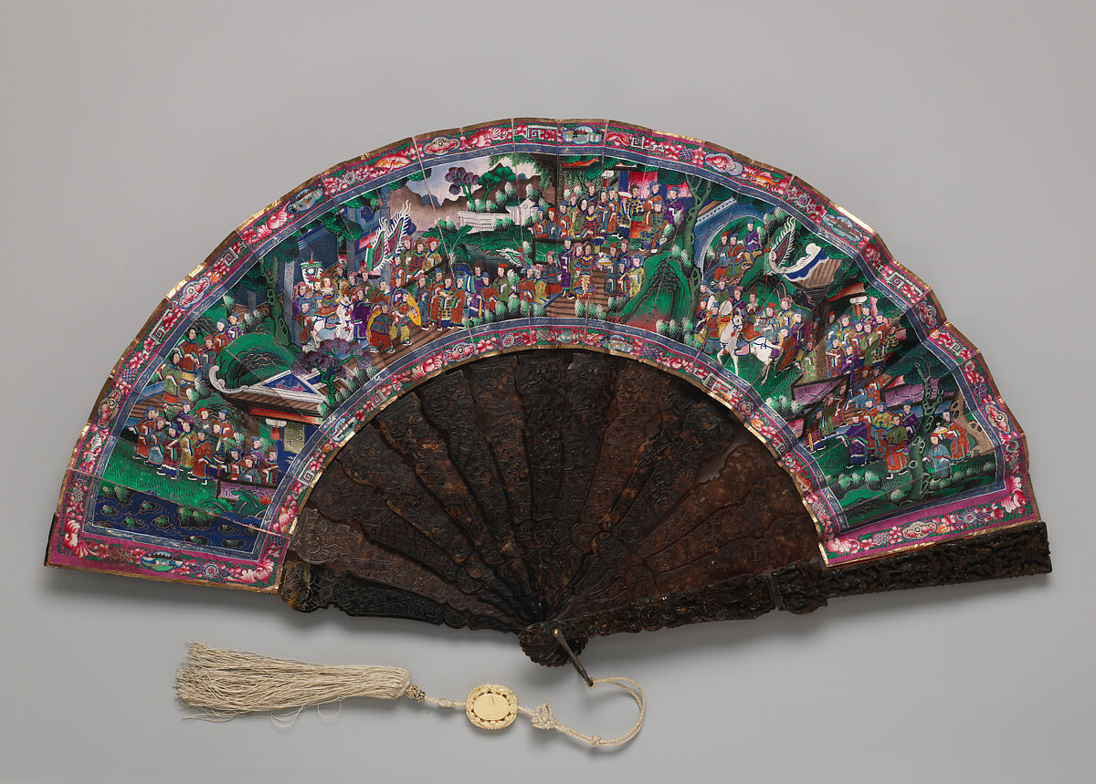 Folding Fan with Scene of Figures in a Courtyard Garden and a Stately Procession, Paper, tortoiseshell, silk, and ivory, Chinese, for the European Market 