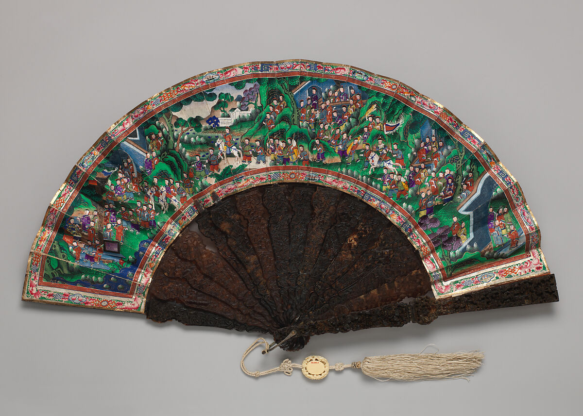 Folding Fan with Scene of Figures in a Courtyard Garden and a Stately Procession, Paper, tortoiseshell, silk, and ivory, Chinese, for the European Market