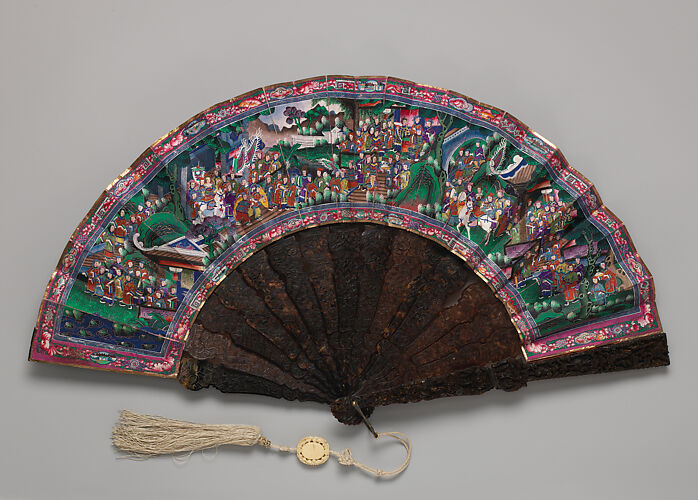 Folding Fan with Scene of Figures in a Courtyard Garden and a Stately Procession