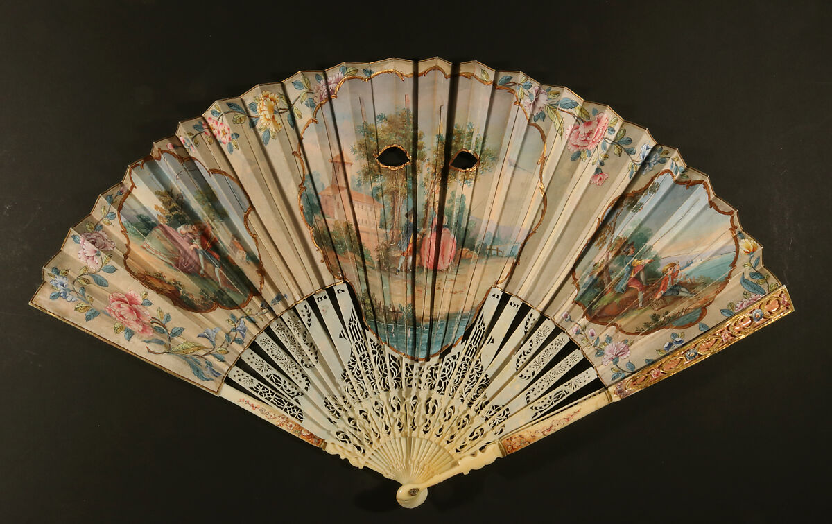 Folding Fan Depicting a Mask, Opaque watercolor on parchment; painted ivory., British