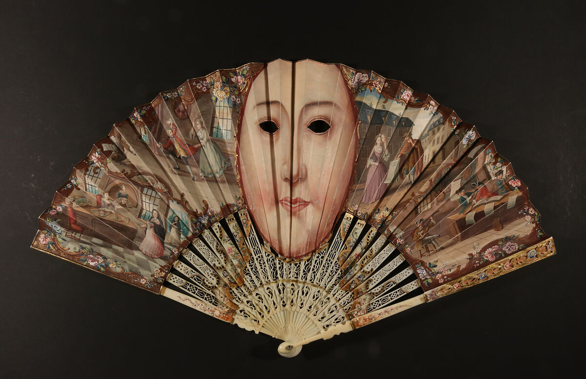 Folding Fan Depicting a Mask, Paper and ivory, British