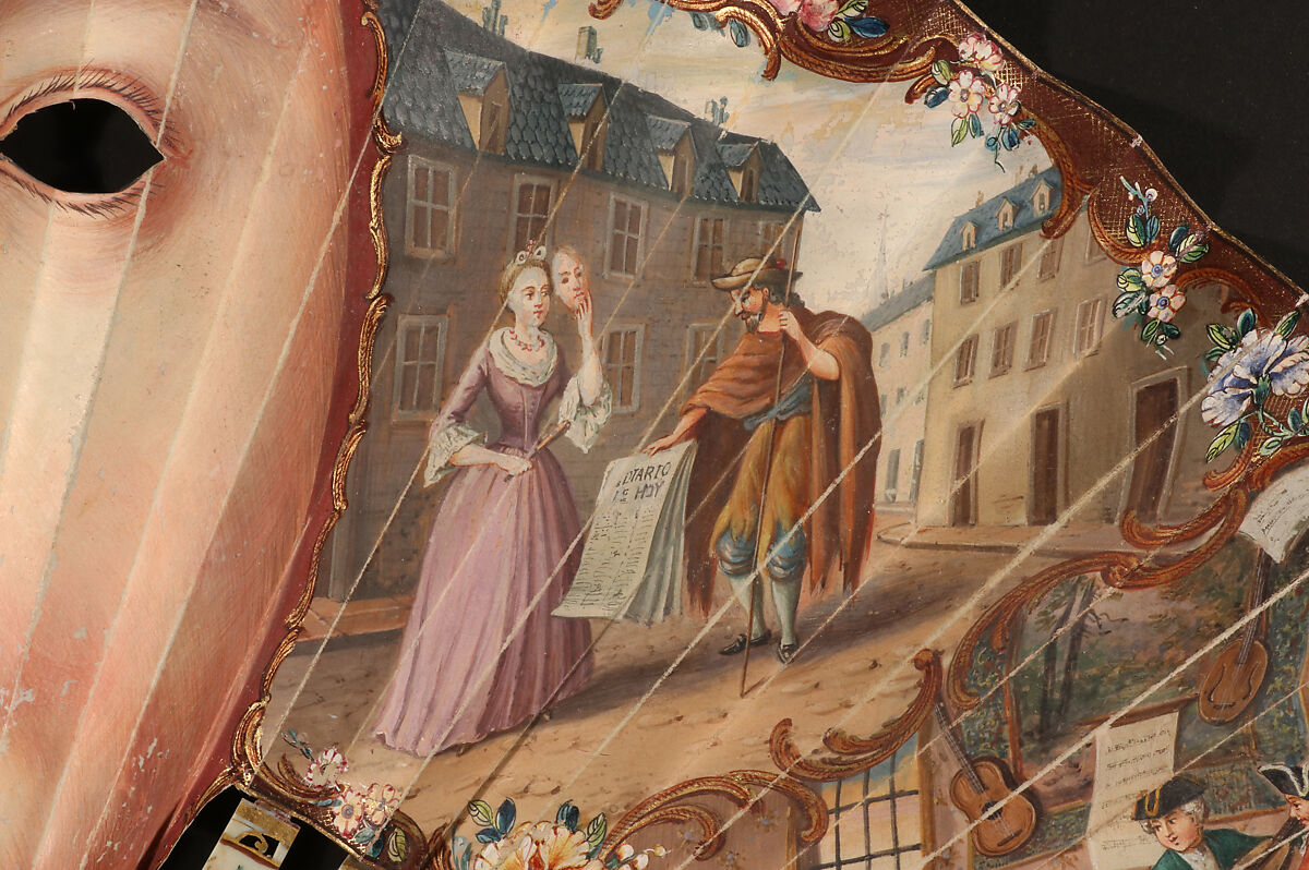 Folding Fan Depicting a Mask, Opaque watercolor on parchment; painted ivory., British