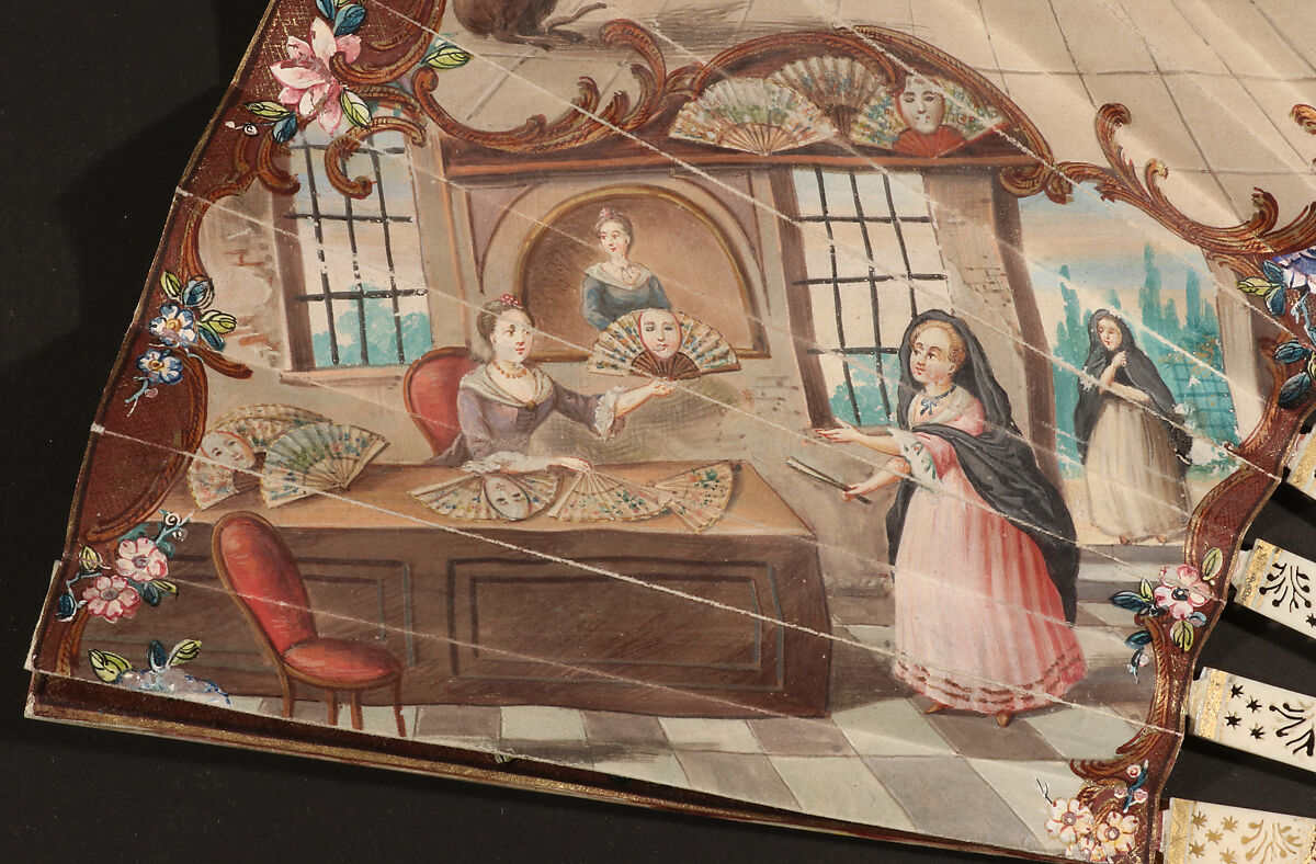 Folding Fan Depicting a Mask, Opaque watercolor on parchment; painted ivory., British