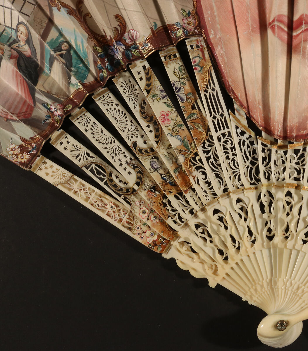 Folding Fan Depicting a Mask, Opaque watercolor on parchment; painted ivory., British