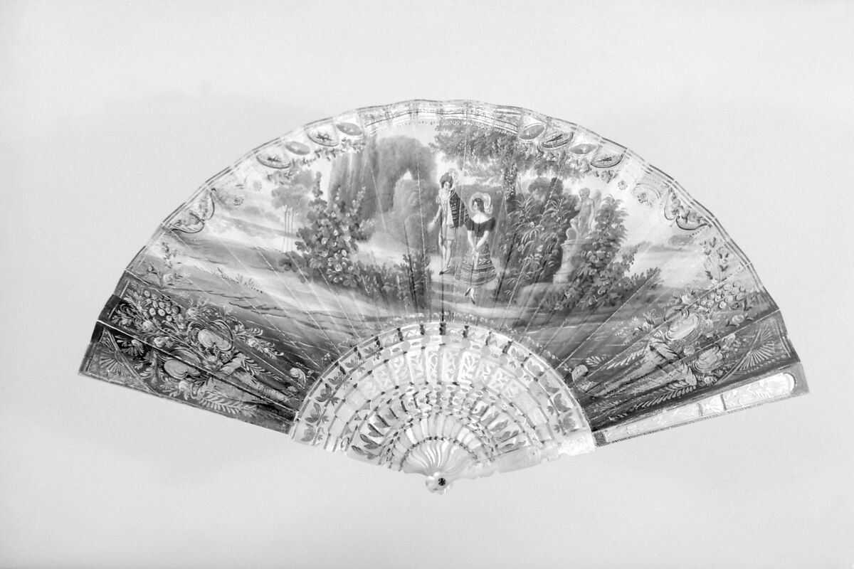 Fan, Paper, paint, gilt, mother-of-pearl, glass, French