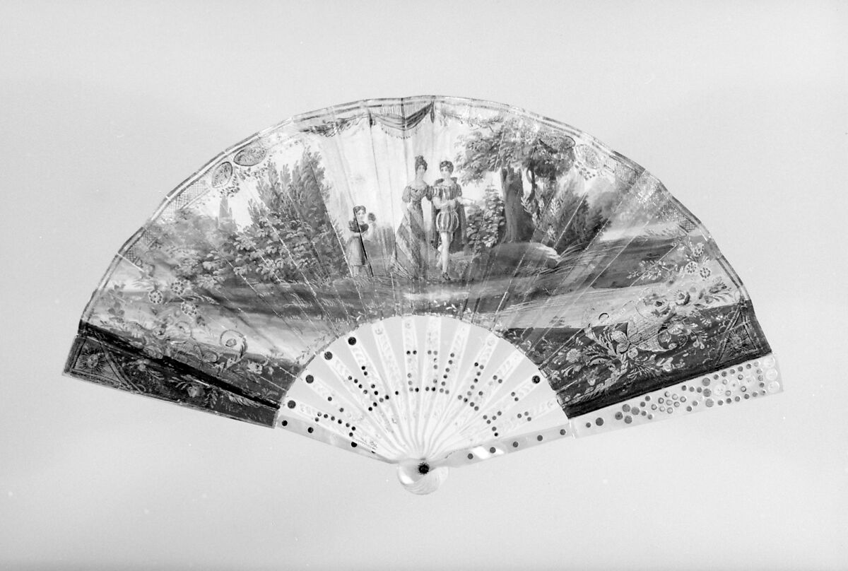 Fan, Painted by Garoy (?), Parchment, paper, paint, gilt, ivory, steel, mother-of-pearl, beads, glass, French 