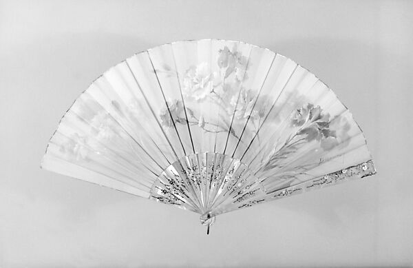 Fan, Designer: Billotey, Silk, paint, mother-of-pearl, gold, silver, glass, brass, French 