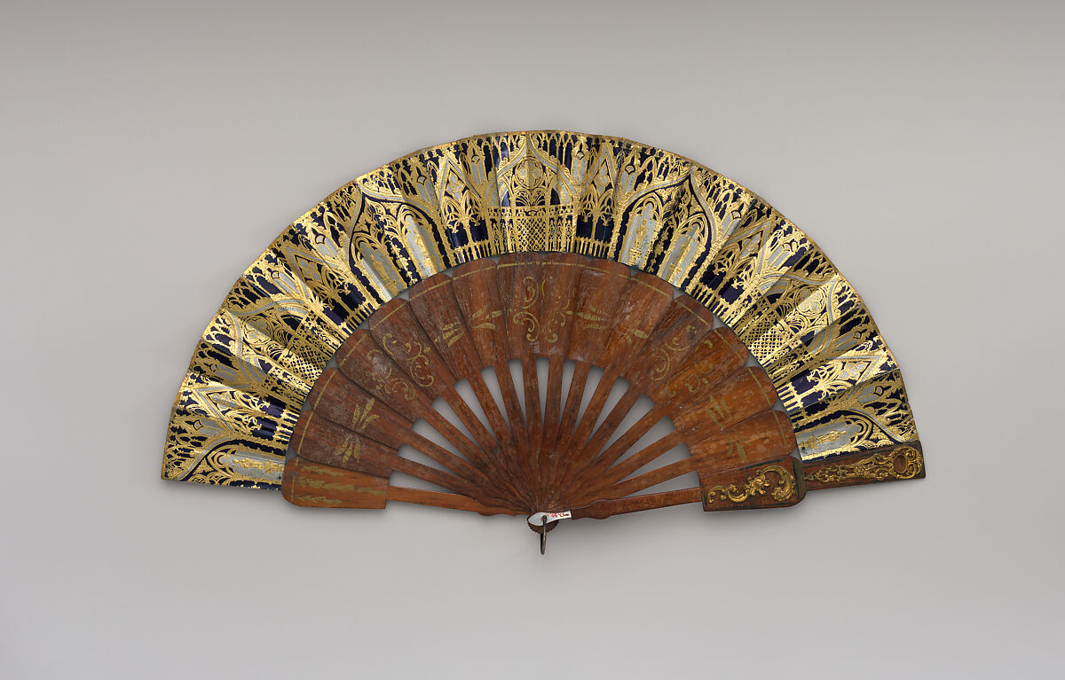 Fan, Paper, paint, gilt, foil, wood, mother-of-pearl, steel, Spanish or French