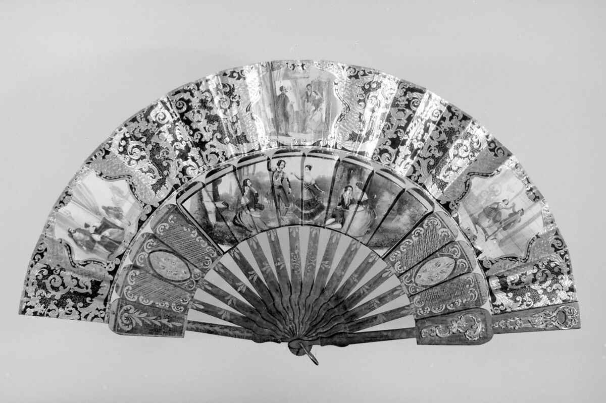 Fan, Paper, paint, gilt, foil, wood, mother-of-pearl, steel, Spanish or French 