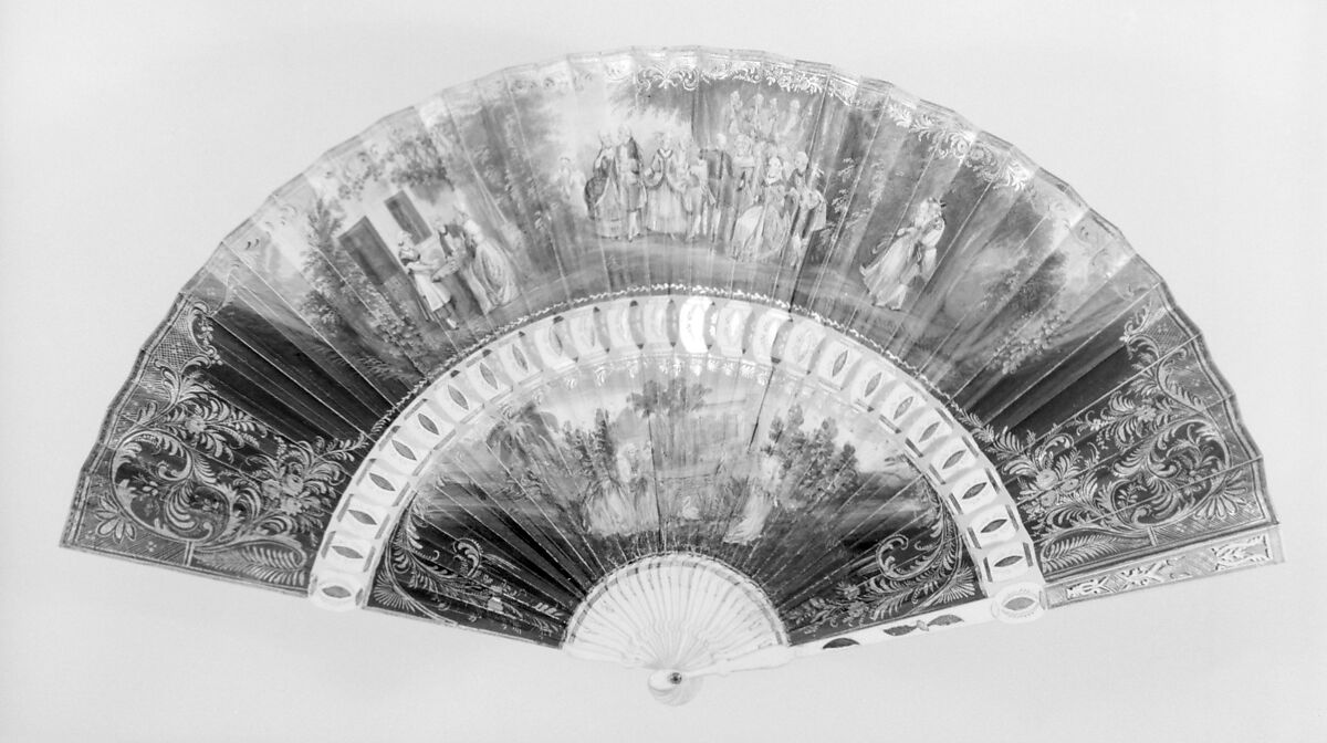 Fan, Paper, paint, gilt, ivory, glass, French 