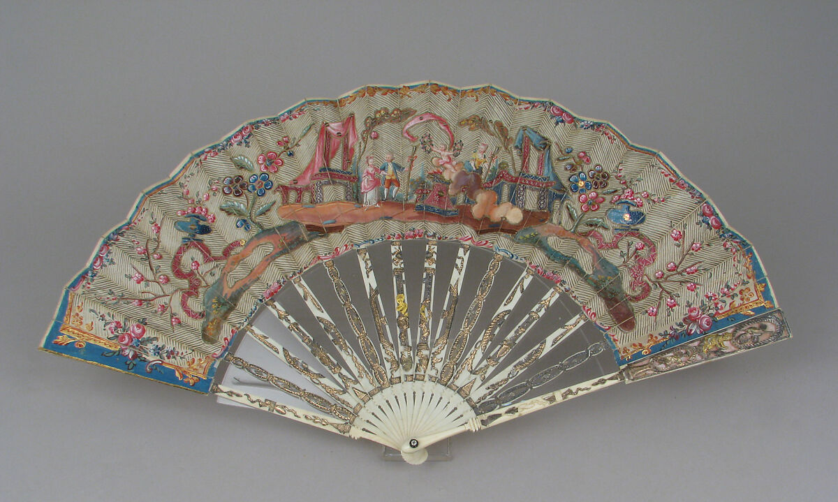 Fan, Silk, metal thread, ivory, glass, gold and silver foil, French 