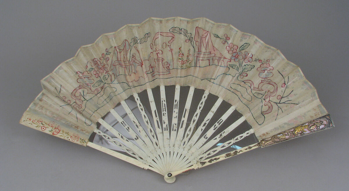 Fan, Silk, metal thread, ivory, glass, gold and silver foil, French