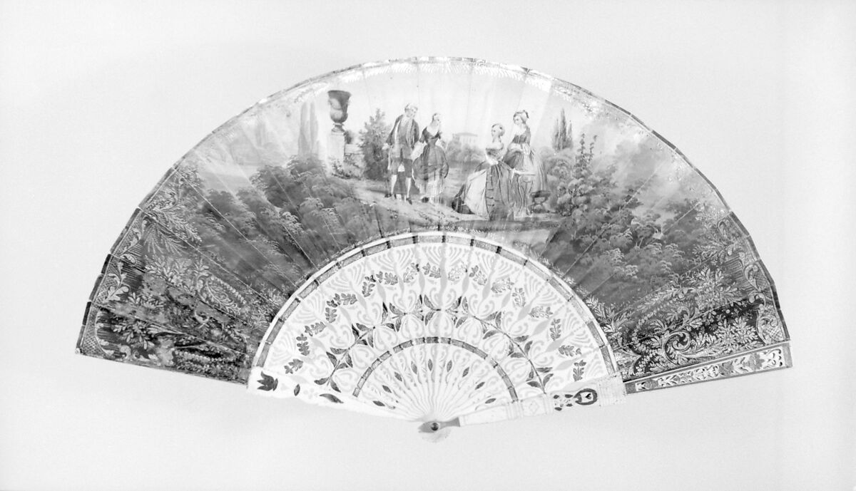 Fan, Paper, paint, gilt, ivory, gold, silver, metal, mother-of-pearl, French 