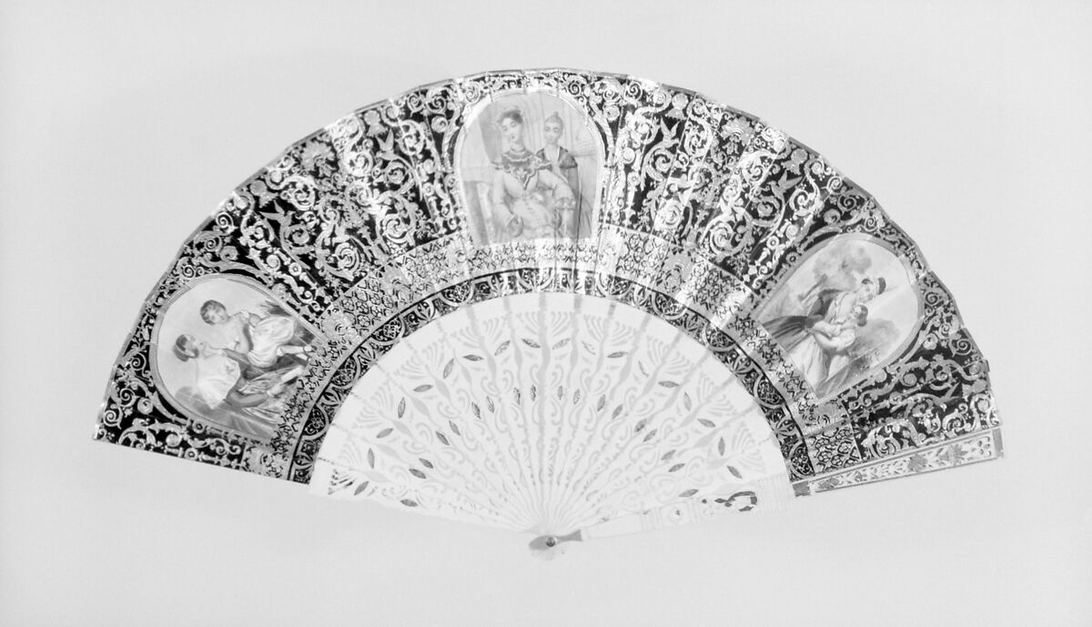 Fan, Paper, paint, gilt, ivory, gold, silver, metal, mother-of-pearl, French