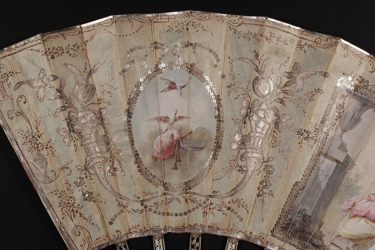 The Oath of Love, after Jean Honoré Fragonard (French, Grasse 1732–1806 Paris), Silk, paint, silver thread, paillettes; ivory, silver foil, glass or mother-of-pearl, French