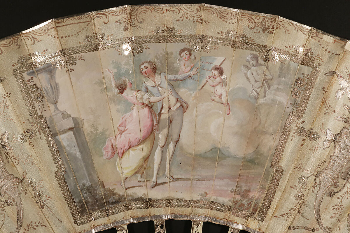 The Oath of Love, after Jean Honoré Fragonard (French, Grasse 1732–1806 Paris), Silk, paint, silver thread, paillettes; ivory, silver foil, glass or mother-of-pearl, French