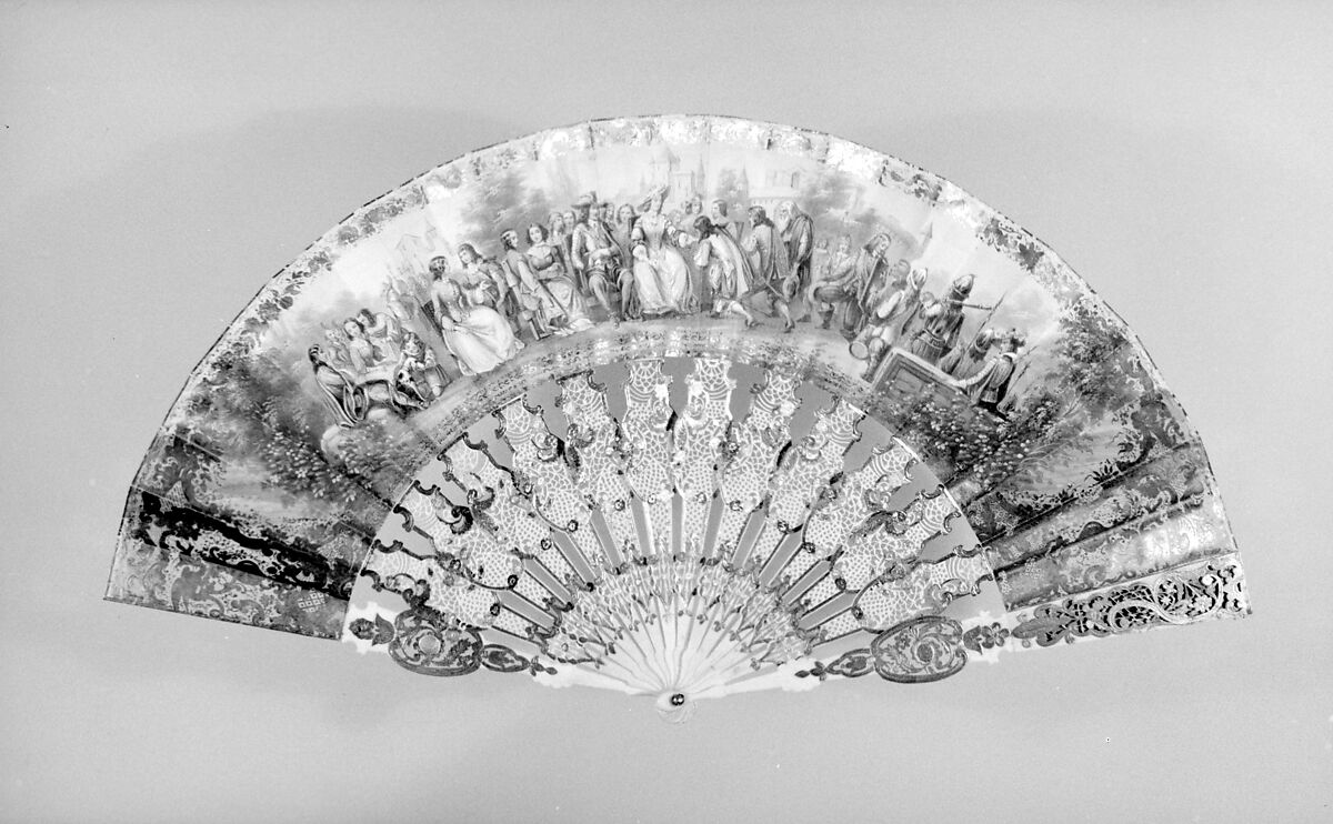 Fan, Paper, paint, gilt, ivory, glass, French 