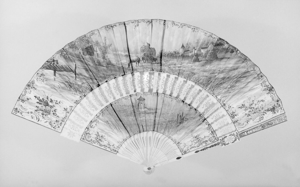 Fan, Paper, parchment, paint, gilt, ivory, gold, silver, glass, French