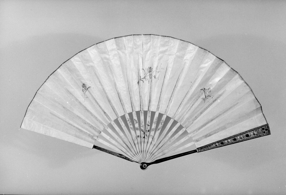 Fan, Paper, paint, gilt, ivory, metal, glass, mother-of-pearl, French