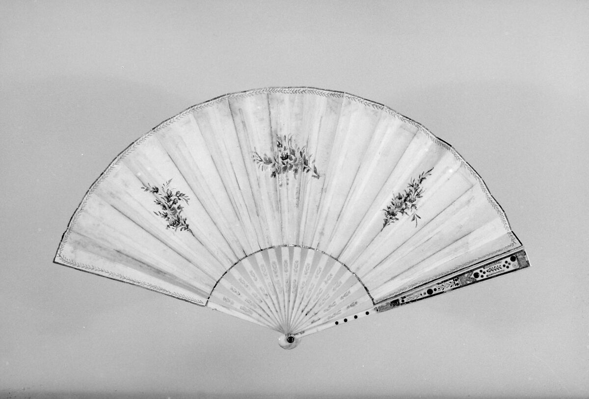 Fan, Paper, parchment, paint, ivory, gold, silver, steel, glass, French