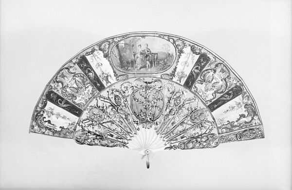 Fan, Designer: Bayard, Parchment, paint, ivory, gilt, mother-of-pearl, metal, French 