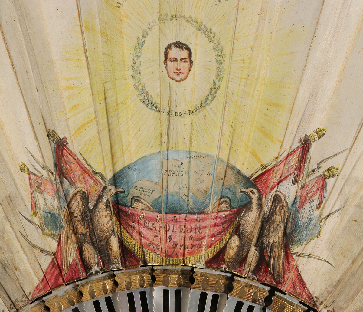 Fan, Hand-colored etching on paper, hand-colored parchment; mother-of-pearl, gilded, beads, French