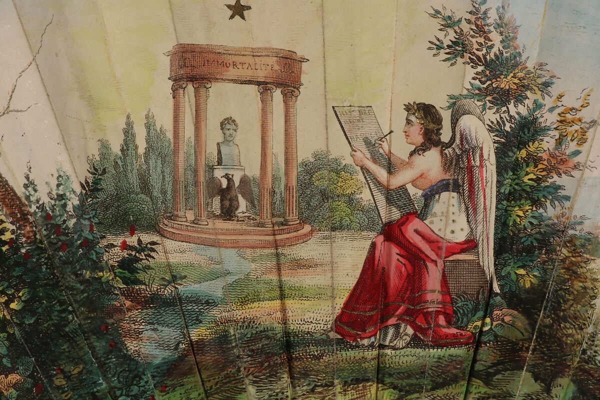 Fan, Hand-colored etching on paper, hand-colored parchment; mother-of-pearl, gilded, beads, French