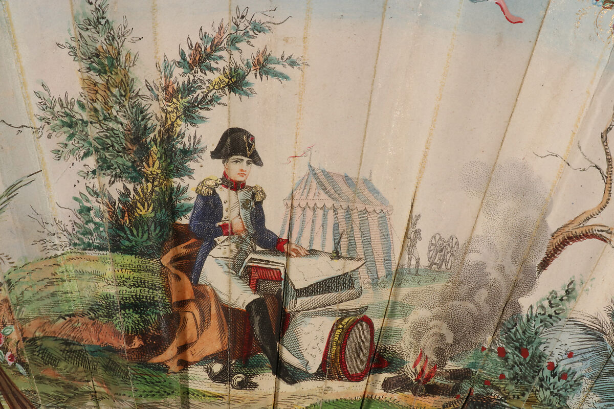 Fan, Hand-colored etching on paper, hand-colored parchment; mother-of-pearl, gilded, beads, French