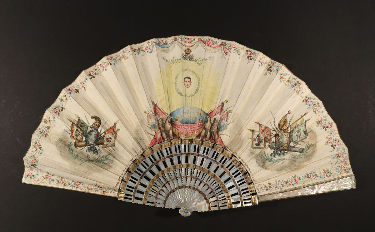 Fan, Hand-colored etching on paper, hand-colored parchment; mother-of-pearl, gilded, beads, French