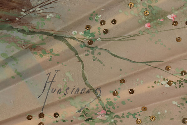 Fan, Hunsinger, Silk, paint, metal paillettes; ivory, gilded, glass, metal, French