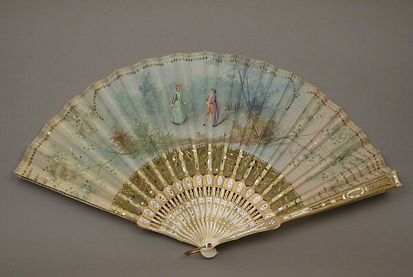 Fan, Hunsinger, Silk, paint, metal paillettes; ivory, gilded, glass, metal, French