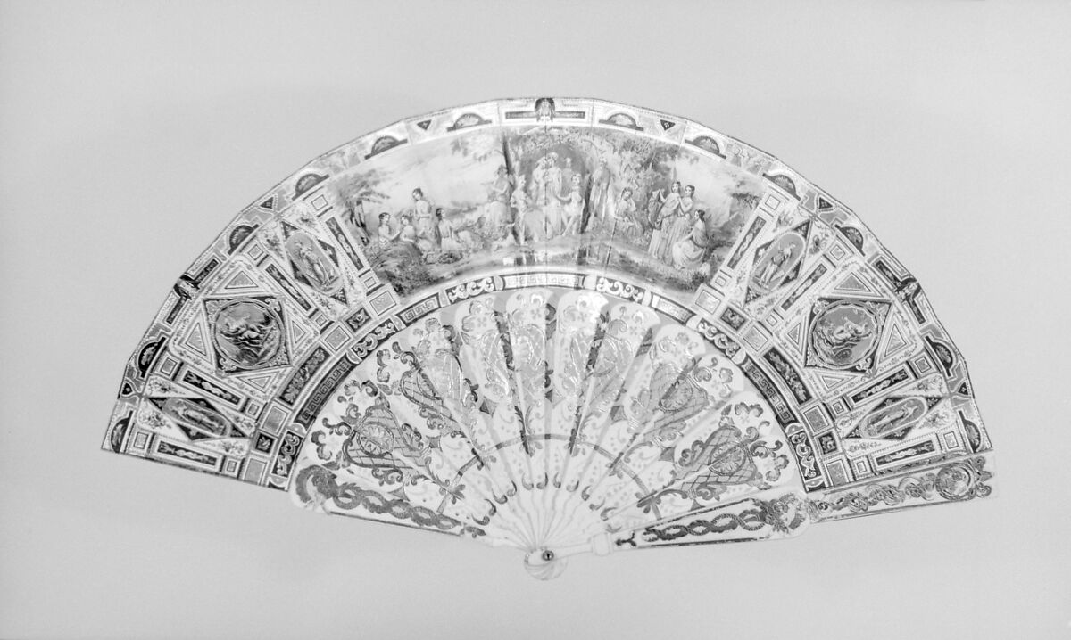 Fan, Paper, paint, gilt, ivory, glass, French 
