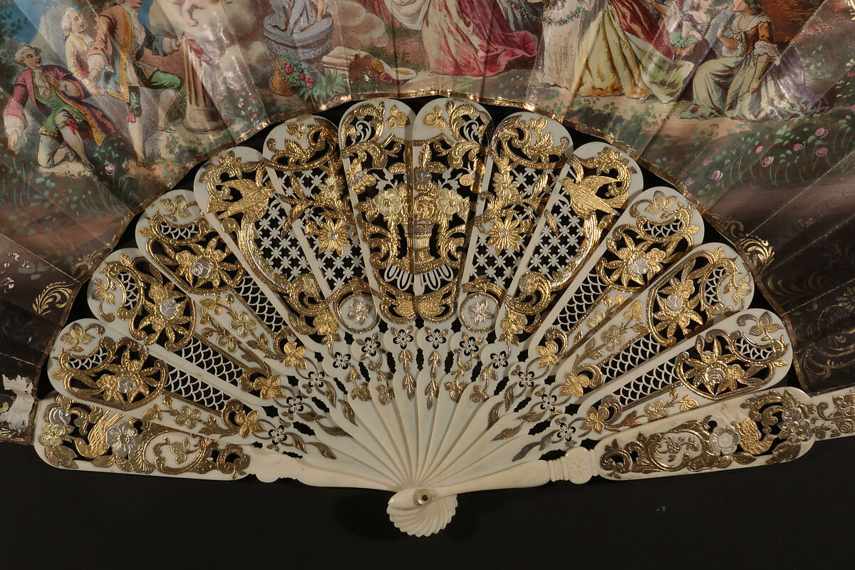 Fan, Hand-painted chromolithograph; ivory, gilded or silvered, mother-of-pearl, French