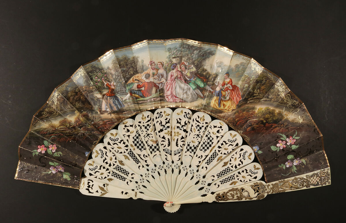 Fan, Hand-painted chromolithograph; ivory, gilded or silvered, mother-of-pearl, French