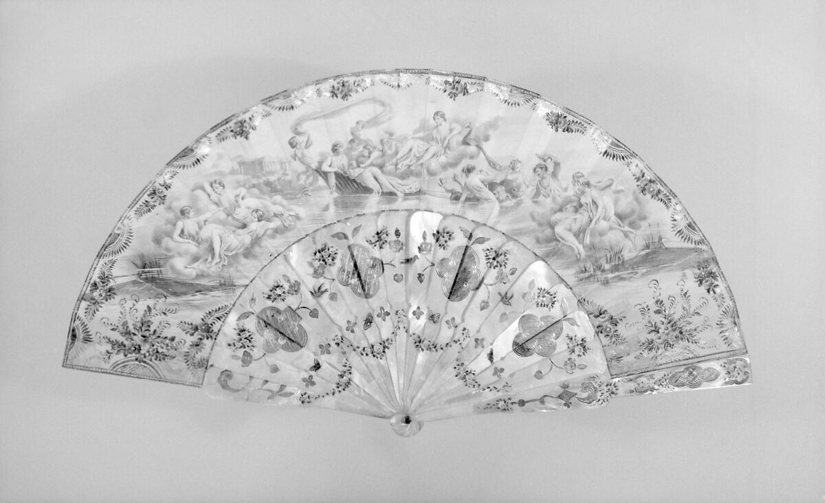 Fan, Paper, paint, gilt, mother-of-pearl, glass, French 