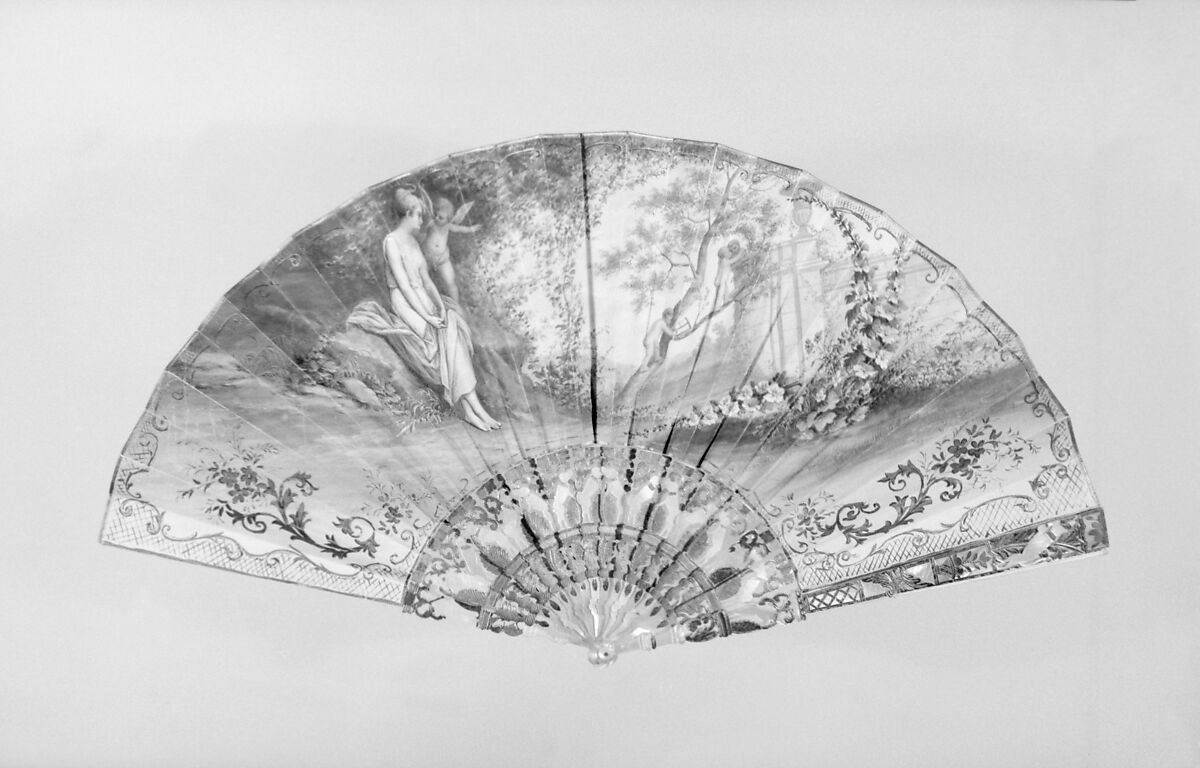 Fan, Parchment, paint, mother-of-pearl, gilt, French 